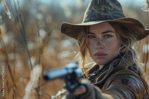 Close-up of a young woman with freckles aiming a pistol outdoors, with focus on her intense gaze and the firearm © Larisa AI