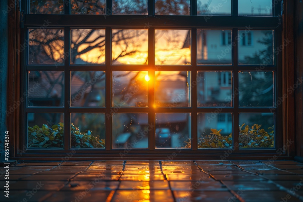 A mesmerizing sunset seen through the panes of a glass window, casting warmth and golden hues A mesmerizing sunset seen through the panes of a glass window, casting warmth and golden hues