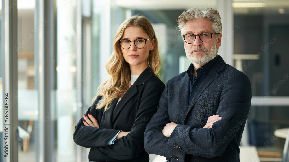 Dynamic Business Duo in Modern Office. Confident male and female professionals stand together in a stylish workspace, embodying teamwork and leadership in the modern business environment. Dynamic Business Duo in Modern Office. Confident male and female professionals stand together in a stylish workspace, embodying teamwork and leadership in the modern business environment.