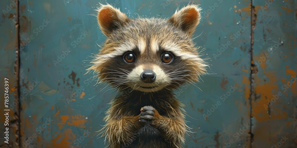 Fototapeta premium A mischievous cartoon raccoon strikes a playful pose against a vibrant turquoise backdrop, perfect for nursery decor.