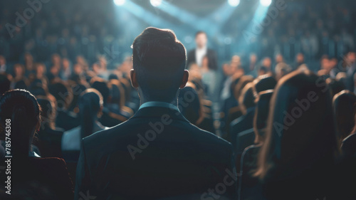 Focused Speaker at Audience Engagement Event. An orator facing an attentive crowd under spotlight at a public speaking engagement.