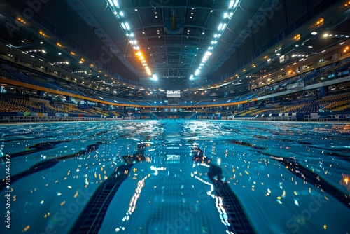 A vantage view of an Olympic-sized swimming pool in a vast sports arena, with powerful lights and empty stands © Larisa AI