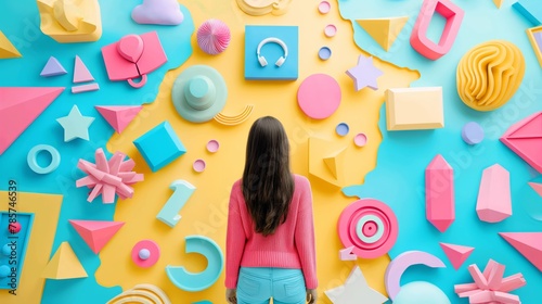 A woman is seen from behind as she interacts with a colorful and whimsical paper art installation featuring playful shapes, creating engaging graphics for social media posts. Social media manager photo