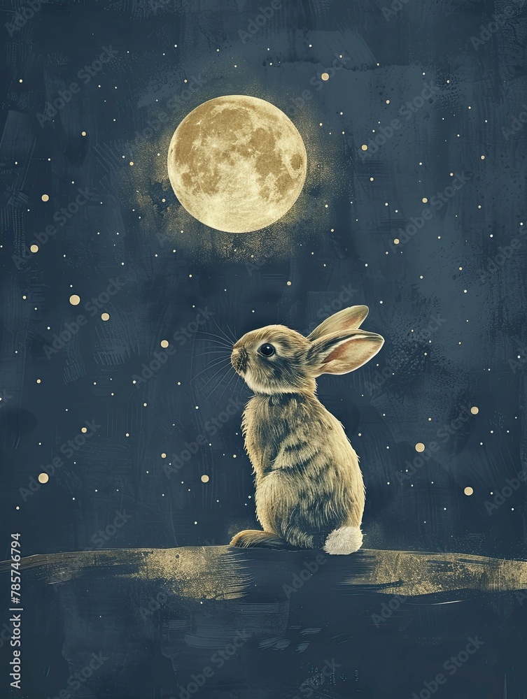 Stargazing cartoon rabbit on a moonlit night, serene navy background ...