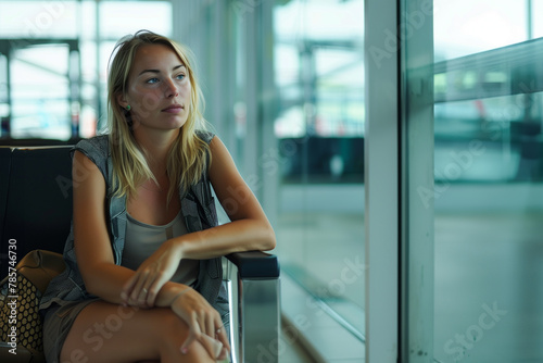 Young pretty blond woman in summer clothes waiting for the boarding in the airport lounge zone, looking through the window Free Download Young pretty blond woman in summer clothes waiting for the boarding in the airport lounge zone, looking through the window - GFXLoad