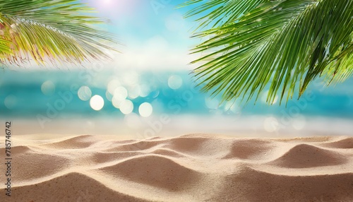 A beach scene with palm trees and a blue ocean