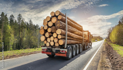 Waldwirtschaft, Holzindustrie, LKW, Langholztransporter beladen mit Holzstämmen, auf der Straße, KI generiert photo