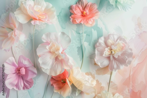 Soft fabric flowers in a palette of pastel colors are tenderly arranged on a canvas with gentle brushstrokes, evoking a springtime art piece.. © netrun78