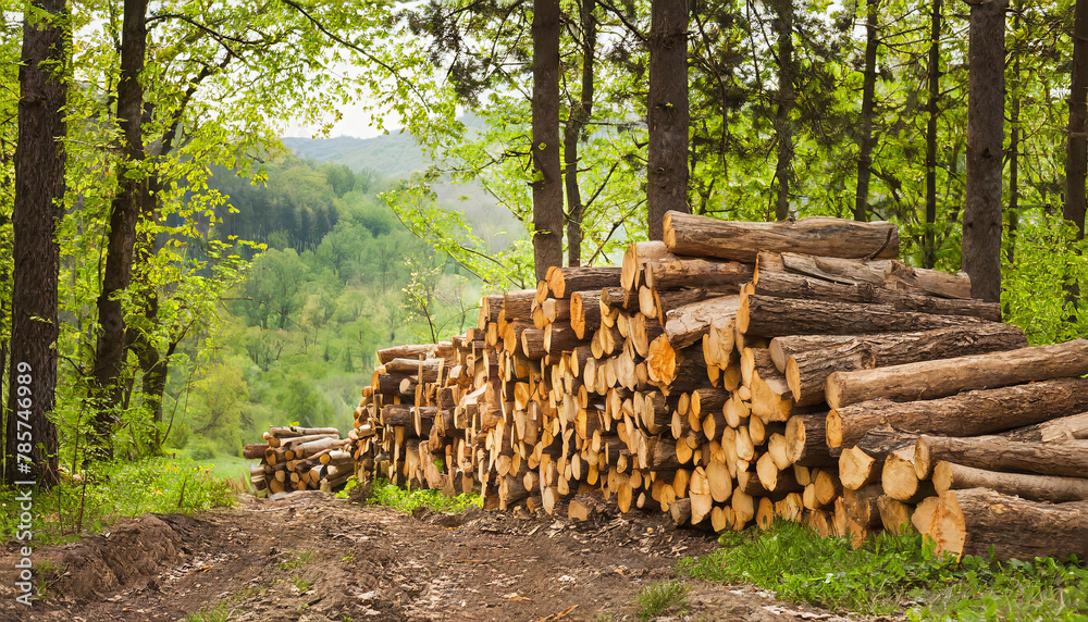 Waldwirtschaft, Holzindustrie, Baumstämme gestapelt im Wald, Polter, KI generiert