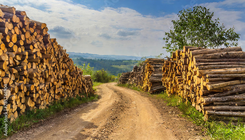 Waldwirtschaft, Holzindustrie, Baumstämme gestapelt an einem Weg, Polter, KI generiert