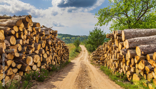 Waldwirtschaft, Holzindustrie, Baumstämme gestapelt an einem Weg, Polter, KI generiert