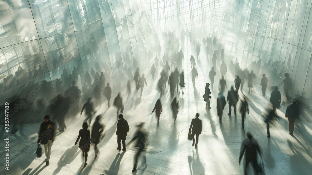 Sunlit Commuters in Urban Transit Hub. Silhouettes of people walking in a sun-drenched modern glass building, reflecting the dynamic pace of city life.