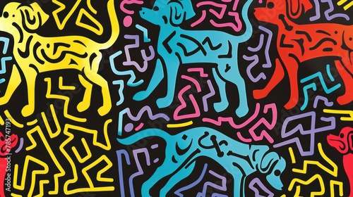 a bold, colorful array of abstract dogs, evoking a sense of playfulness and energy