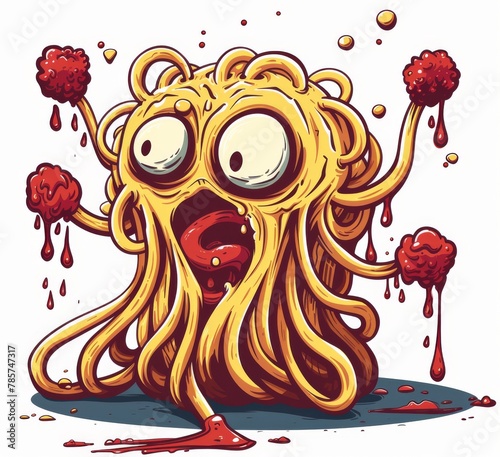 Spaghetti monster pasta flying halloween funny food pastafarian sauce cartoon. Pop spaghetti pasta monster dish scary head art spooky fun meatball humor tomato isolated atheist religious lunch holy.