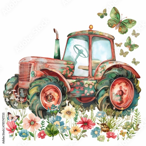 Vintage tractor with floral patterns surrounded by wildflowers and butterflies, depicting rural life