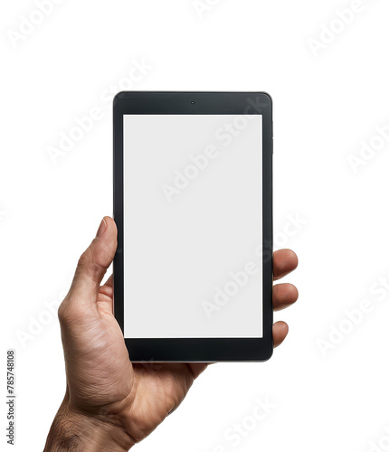 a male's hand holding an tablet isolated on a transparent or white background.