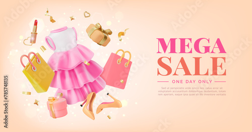 3d Mega Sale Clothing Store Ads Banner Concept Poster Card. Vector illustration of Floating Dress with Ruffles, Gift Boxes, High Heels and Shopping Bag