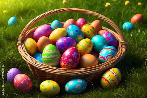 Easter eggs in an elegant basket. Colorful flower-patterned eggs on a green grass background. Sunny springtime delight captured.