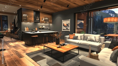 Cozy Evening in a Modern Mountain Cabin Living Room © Prostock-studio