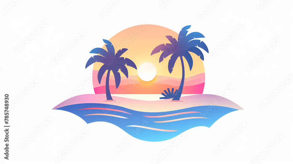 illustrated tropical island with palm trees, summer beach background