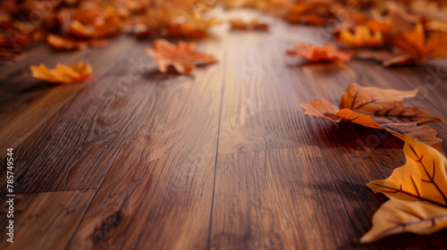 New Brown matte oak texture laminate flooring, blurred autumn leaves background, macro shot, focus on laminate flooring.