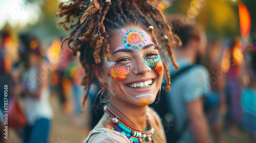 A free-spirited woman with colorful face paint, dancing at a sunset music event. Shallow depth of field, blurred background.