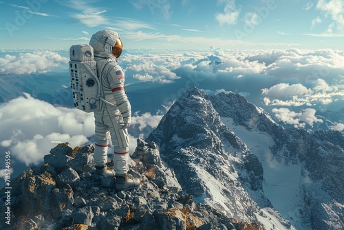 The astronaut stands on an icy mountain, contemplating the uncharted territories as the sun sets, evoking a sense of adventure and distant worlds