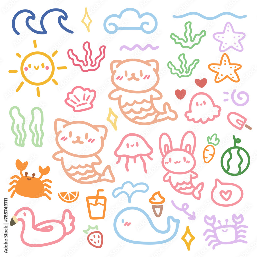 Cute doodle hand drawn kids set. Colorful element of mermaid cat, cloud, squid, crab and starfish.