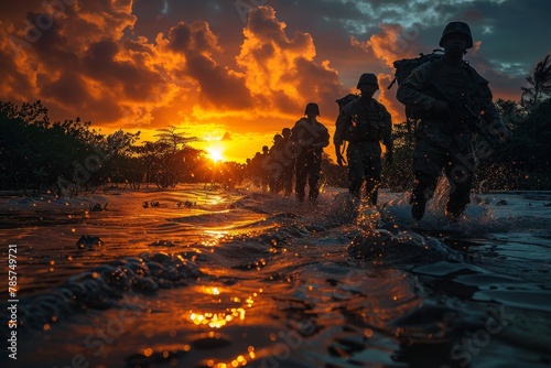 Silhouetted soldiers splashing through water against an orange sunset sky