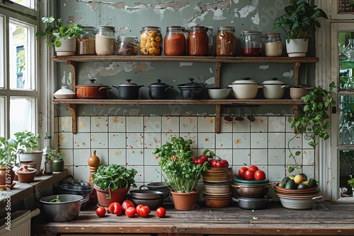 A rustic kitchen shelf showcasing an array of jars full of preserved goods, ceramic cookware, and clustered potted plants © Larisa AI