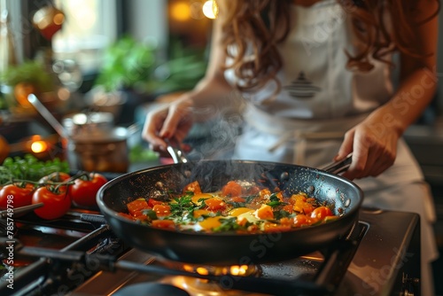 A chef in an apron is cooking a mixed vegetable and egg dish  the pan sizzling on a stove in a commercial kitchen