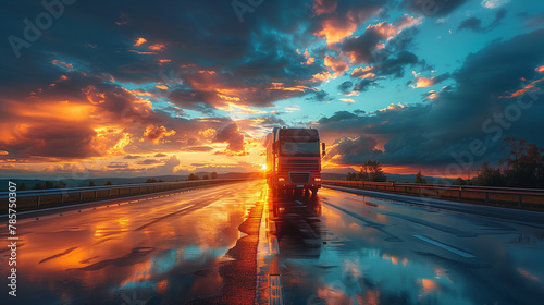 A truck is driving down a road with a beautiful sunset in the background