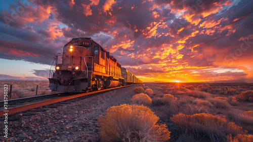 A train is traveling down a track with a beautiful sunset in the background
