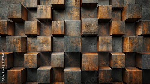 Light colored wooden wall art design, geometric wood blocks, dark background, wallpaper