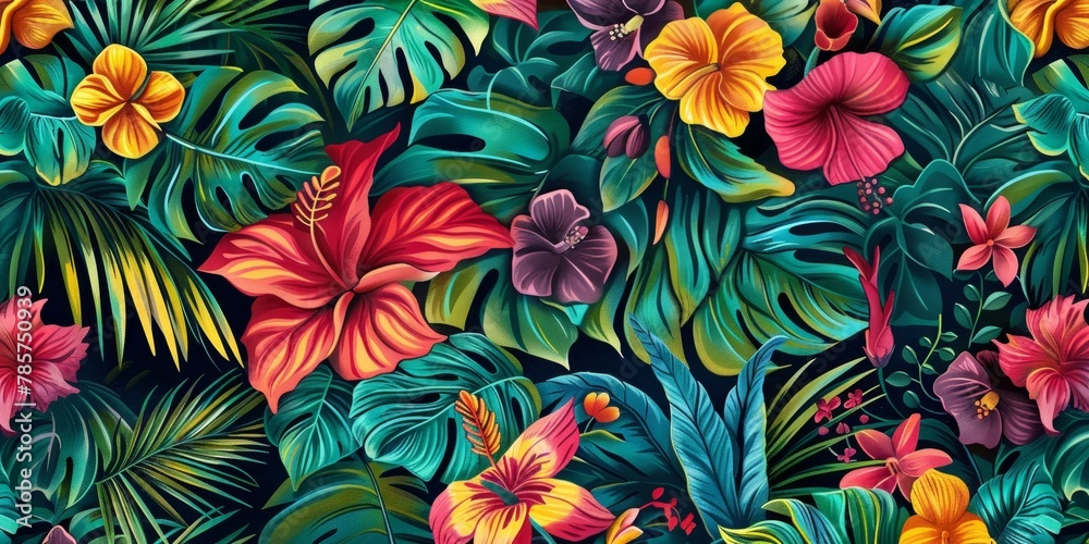 A lush and vibrant pattern full of tropical flowers and greenery, bursting with colors that capture the essence of a tropical paradise... A lush and vibrant pattern full of tropical flowers and greenery, bursting with colors that capture the essence of a tropical paradise...