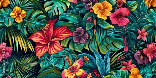 A lush and vibrant pattern full of tropical flowers and greenery, bursting with colors that capture the essence of a tropical paradise... © Lazylizard
