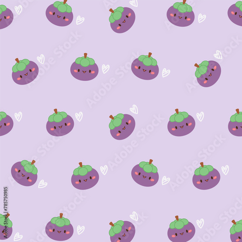 Cute mangosteen seamless pattern on purple background. Cute mangosteen vector seamless Pattern isolated repeat background wallpaper. 