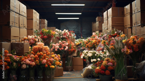 a lot of flowers packed in boxes refrigerator warehouse