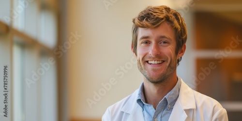 Smiling male doctor with stethoscope in hospital corridor, exuding professionalism and confidence. photo