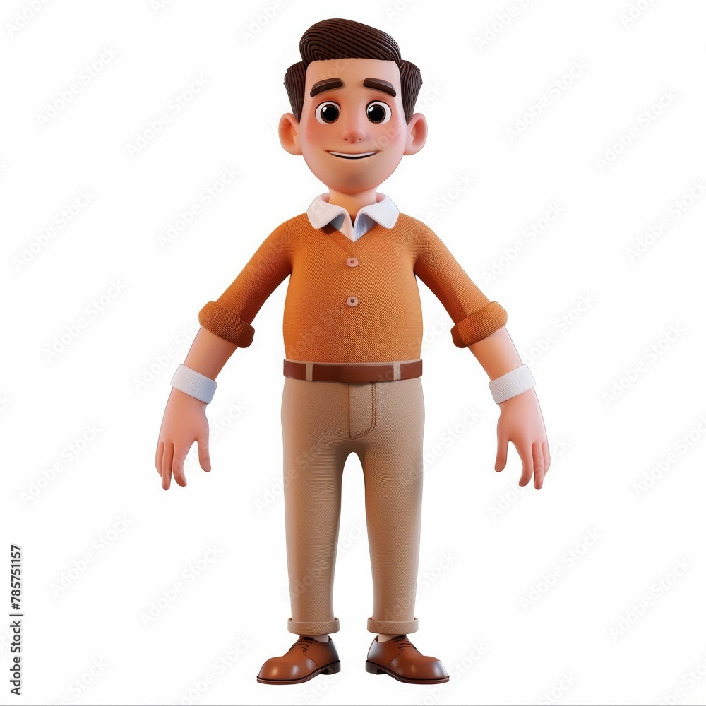 3D rendering of a cheerful cartoon man with brown hair, casual outfit, and shoes, on a white background. The character is smiling and waving, giving a friendly vibe. 3D rendering of a cheerful cartoon man with brown hair, casual outfit, and shoes, on a white background. The character is smiling and waving, giving a friendly vibe.