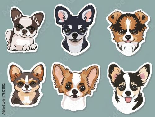 Stickers of small dog breeds including Chihuahua, French Bulldog, Cavalier King Charles Spaniel, Welsh Corgi, and Papillon.