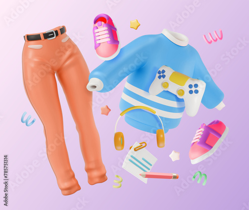 3d New Autumn Teenage Clothing Collection Concept Background Cartoon Style. Vector illustration of Floating Sweater, Jeans and Shoes Pair