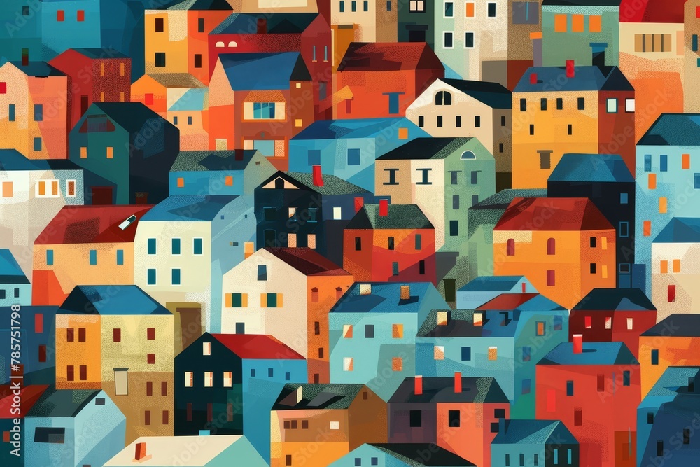 Stylized artistic rendering of a tightly packed urban landscape, featuring a mosaic of multicolored geometric shapes that form a vibrant cityscape.. Stylized artistic rendering of a tightly packed urban landscape, featuring a mosaic of multicolored geometric shapes that form a vibrant cityscape..