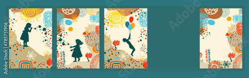 Silhouette of girl blowing soap bubbles and children with balloons. Postcards happy childhood. hand drawing. Not AI, vector illustration