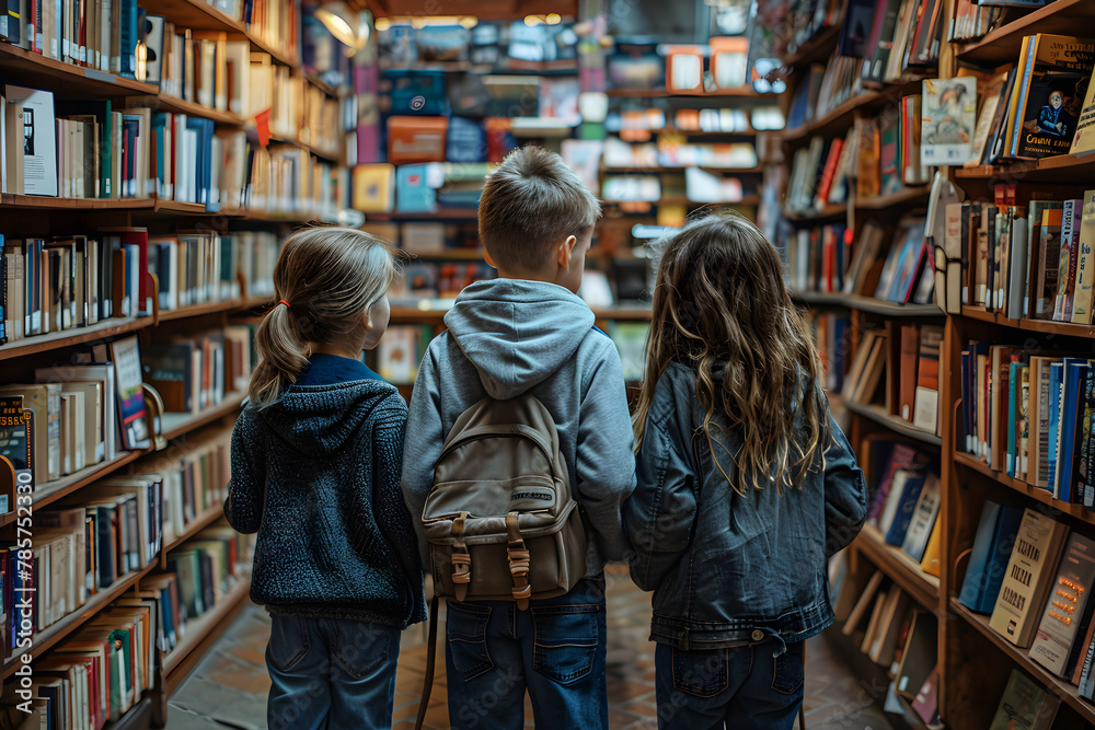 Three children chatting in a bookstore, surrounded by shelves filled with books, getting ready for the new school year. Three children chatting in a bookstore, surrounded by shelves filled with books, getting ready for the new school year.