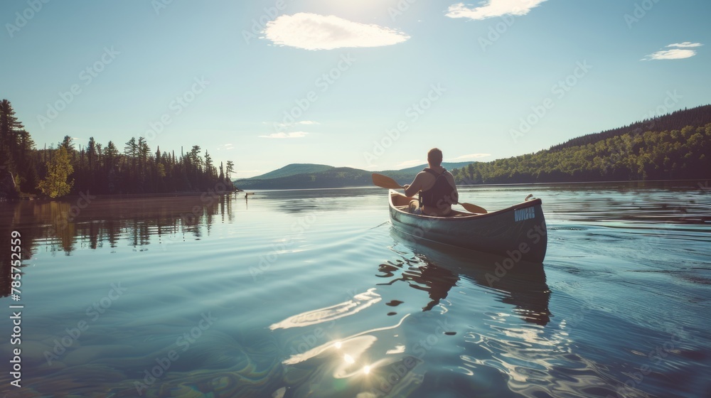 Solitary Paddler: Man in Canoe on a Clear Lake Reflecting Surrounding Forested Hills and Serene Sky