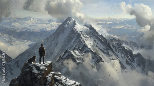 Summit Dreams: Man and Dog Stand Together Overlooking Vast Snow-Covered Mountain Ranges Under a Dramatic Sky