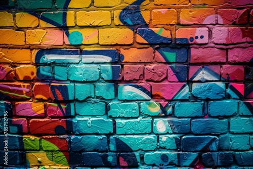 Detailed segment of colorful graffiti on brick wall