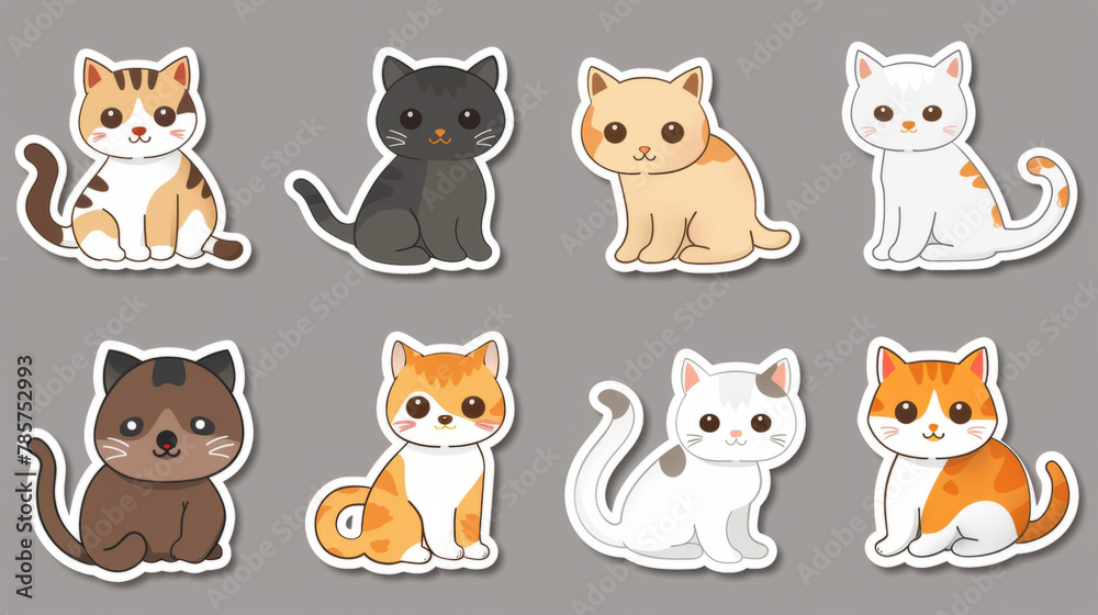 Fototapeta premium Variety of cute cat stickers featuring different cat breeds. Cat portraits on a clean background.