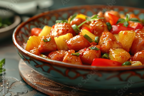 delicious sweet and sour chicken mixed with fresh vegetables and pineapple chunks served in a decorative bowl on a warm background photo